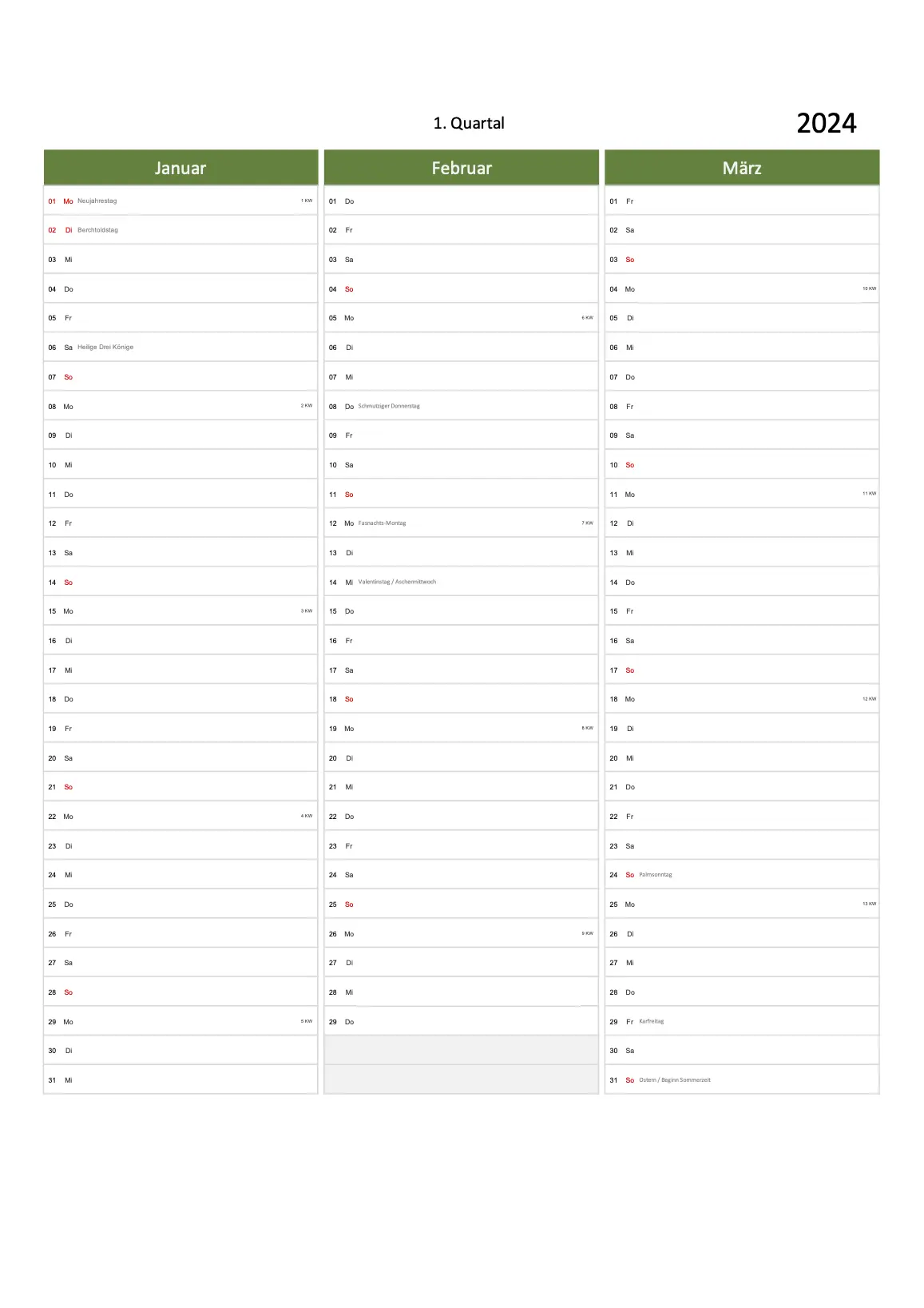 Quartal Kalender 2024 Excel PDF grün Hochformat