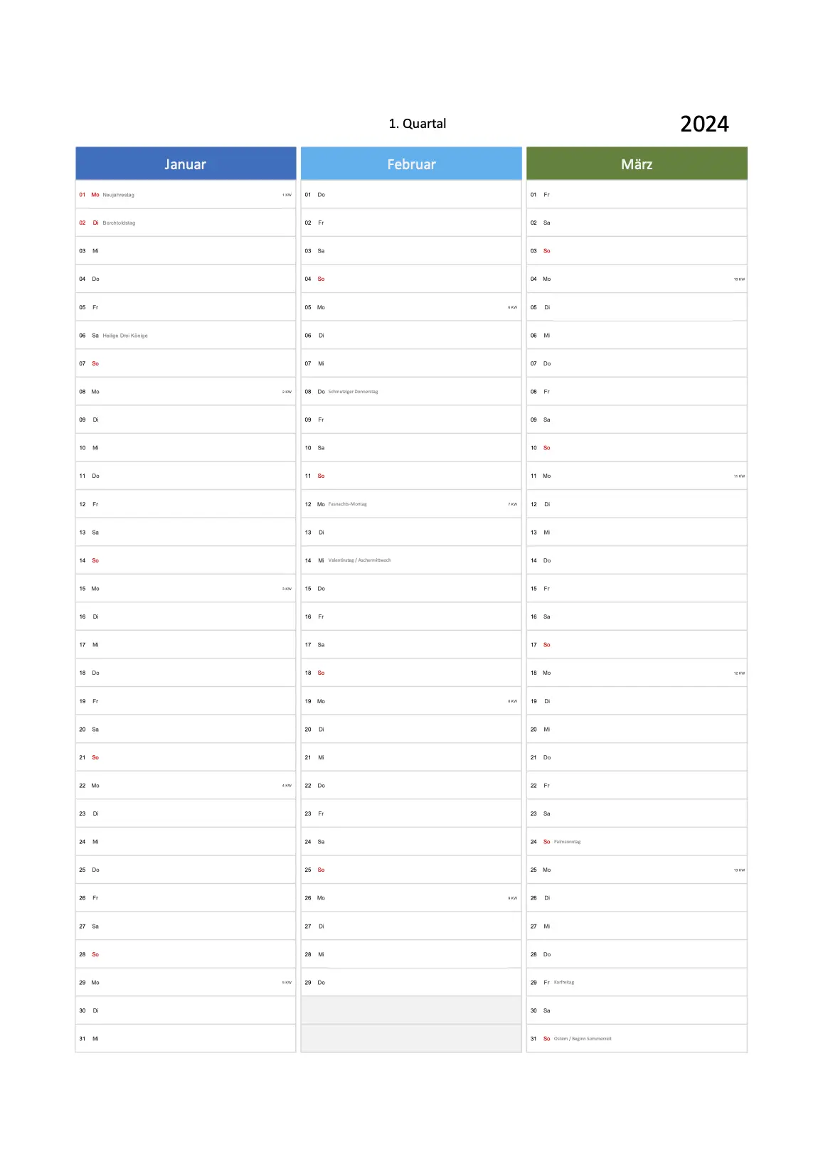 Quartal Kalender 2024 Excel PDF Multicolor Hochformat