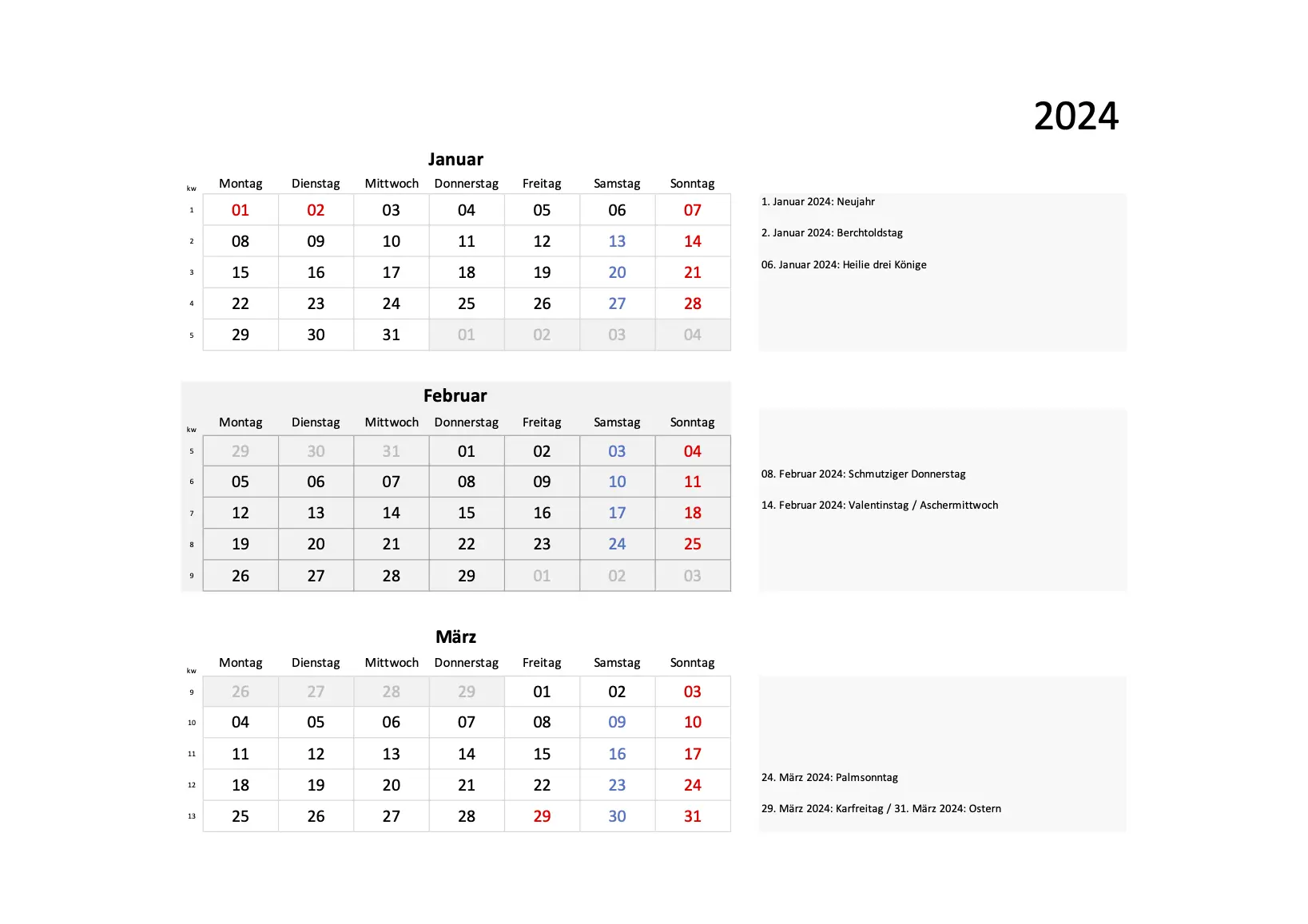 Quartal Kalender 2024 Excel PDF Blockdesign Hochformat