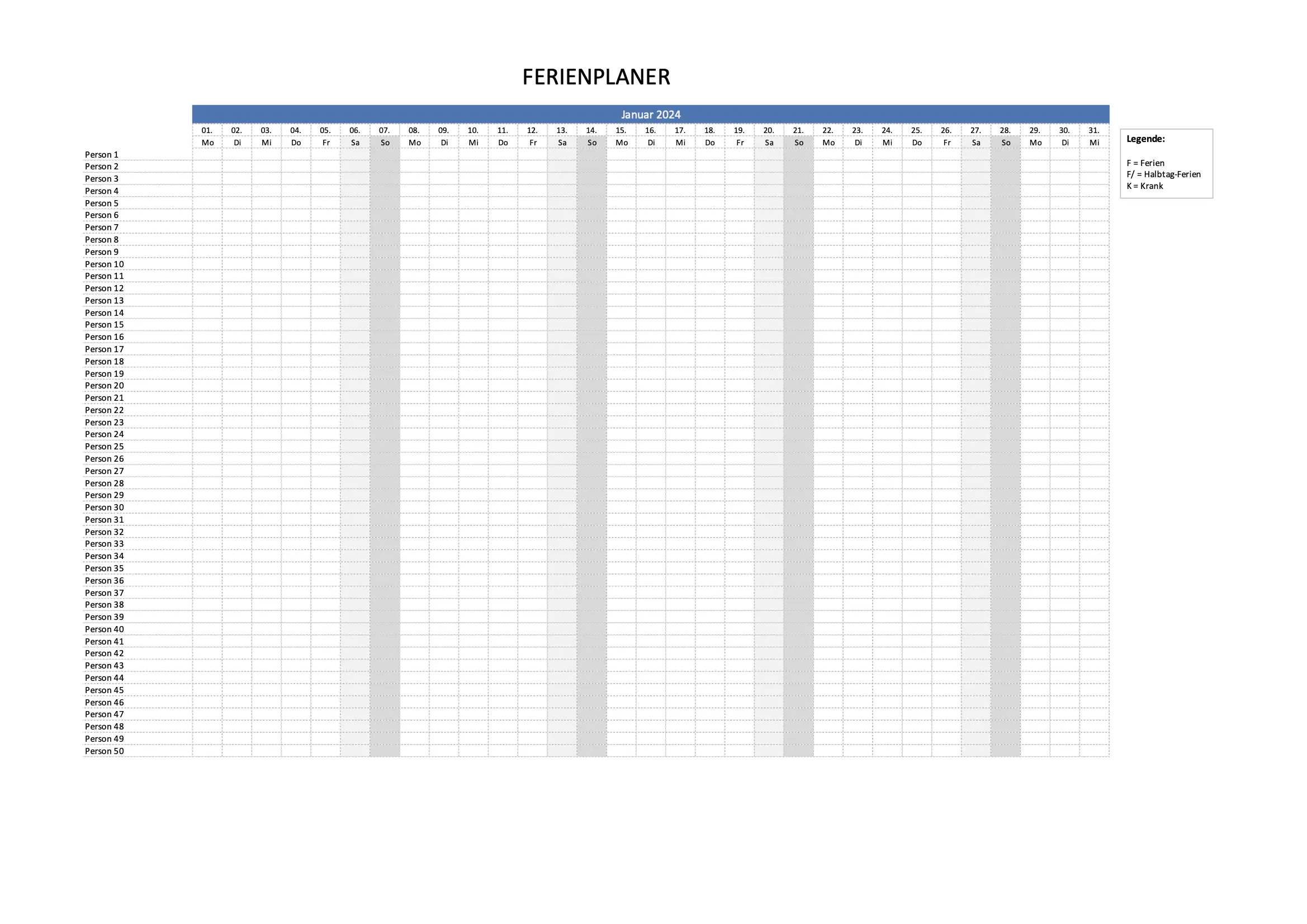 Ferienplaner / Teamplaner 2024 Excel