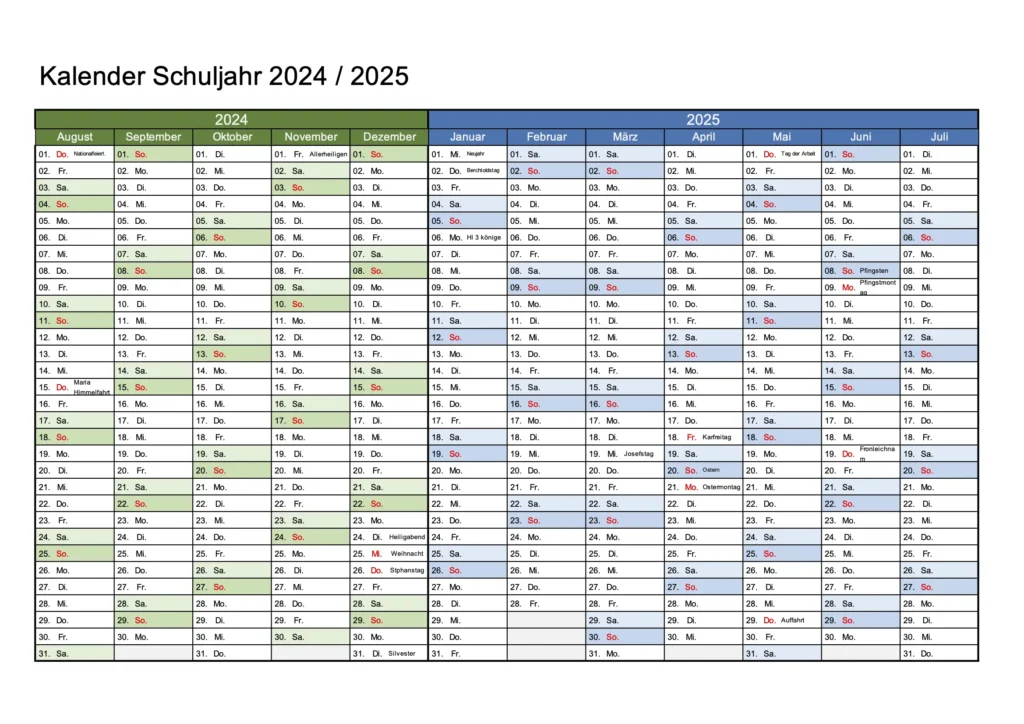 Schweizer Schulkalender 2024 / 2025 Querformat Excel & PDF