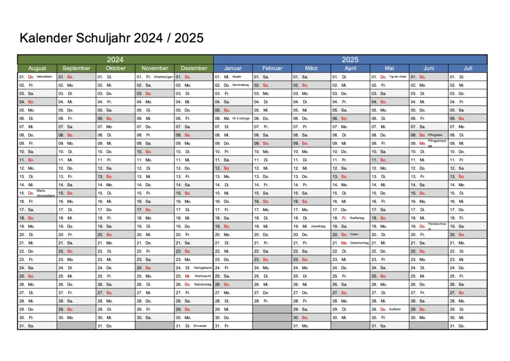 Schulkalender Schweiz 24/25 Excel & PDF