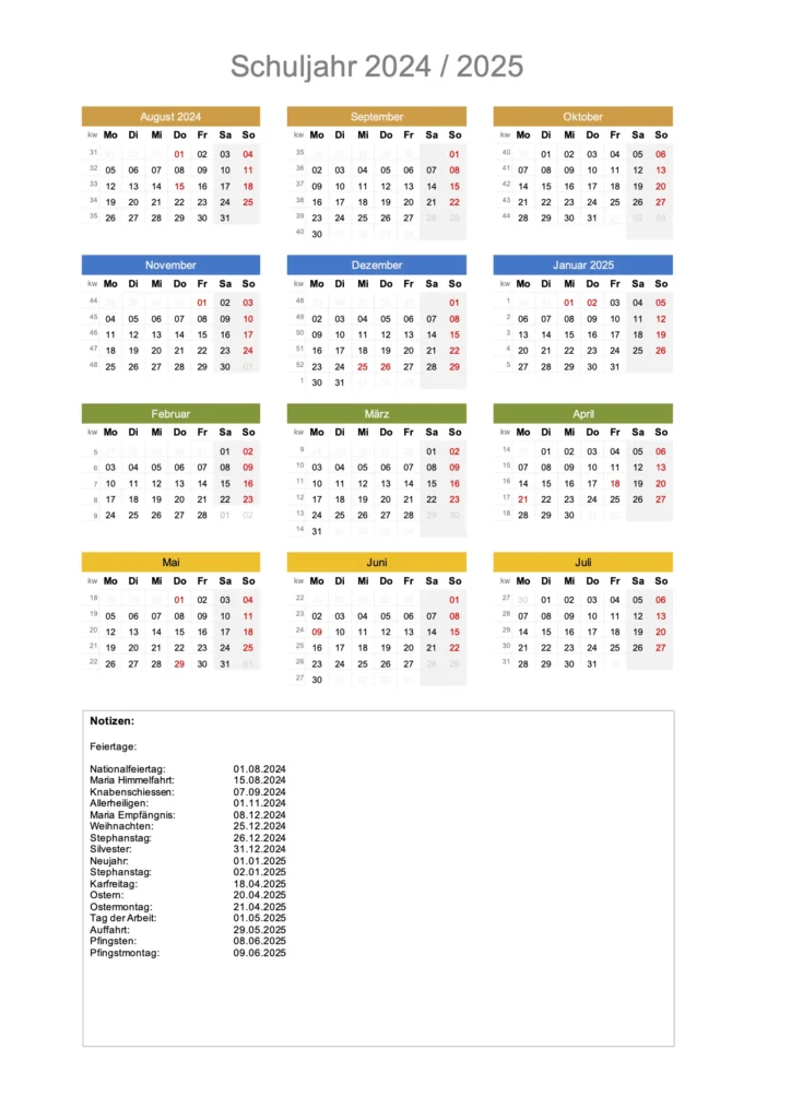 Schulkalender 2024 / 2025 August – Juli Multicolor Schweiz