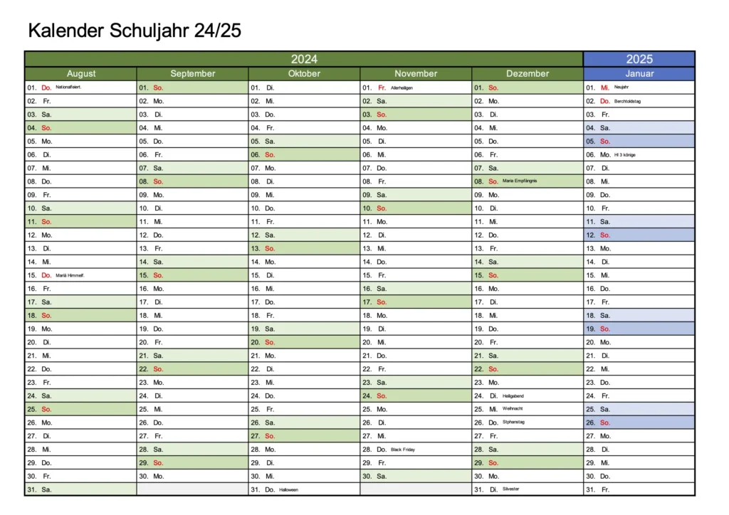 Schweizer Semesterkalender 2024-2025 Excel und PDF