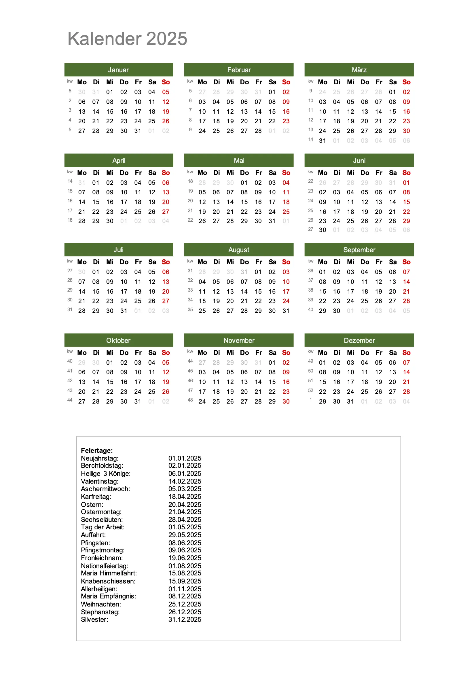 Jahreskalender Schweiz 2025 Hochformat