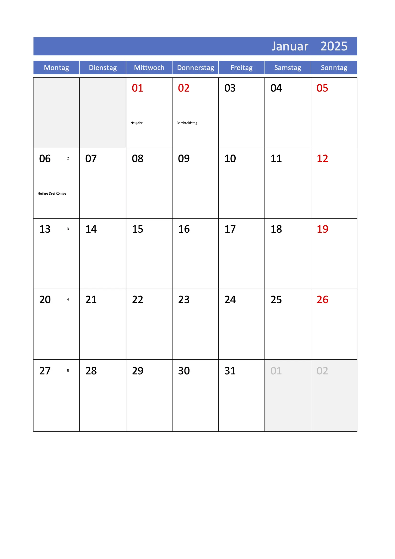 Monatskalender 2025 Hochformat mit Kalenderwochen