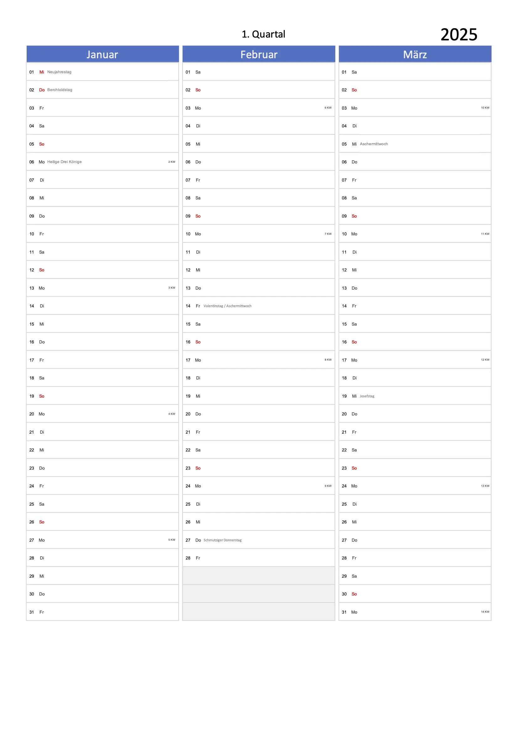 Kalender 2025 Excel PDF blau