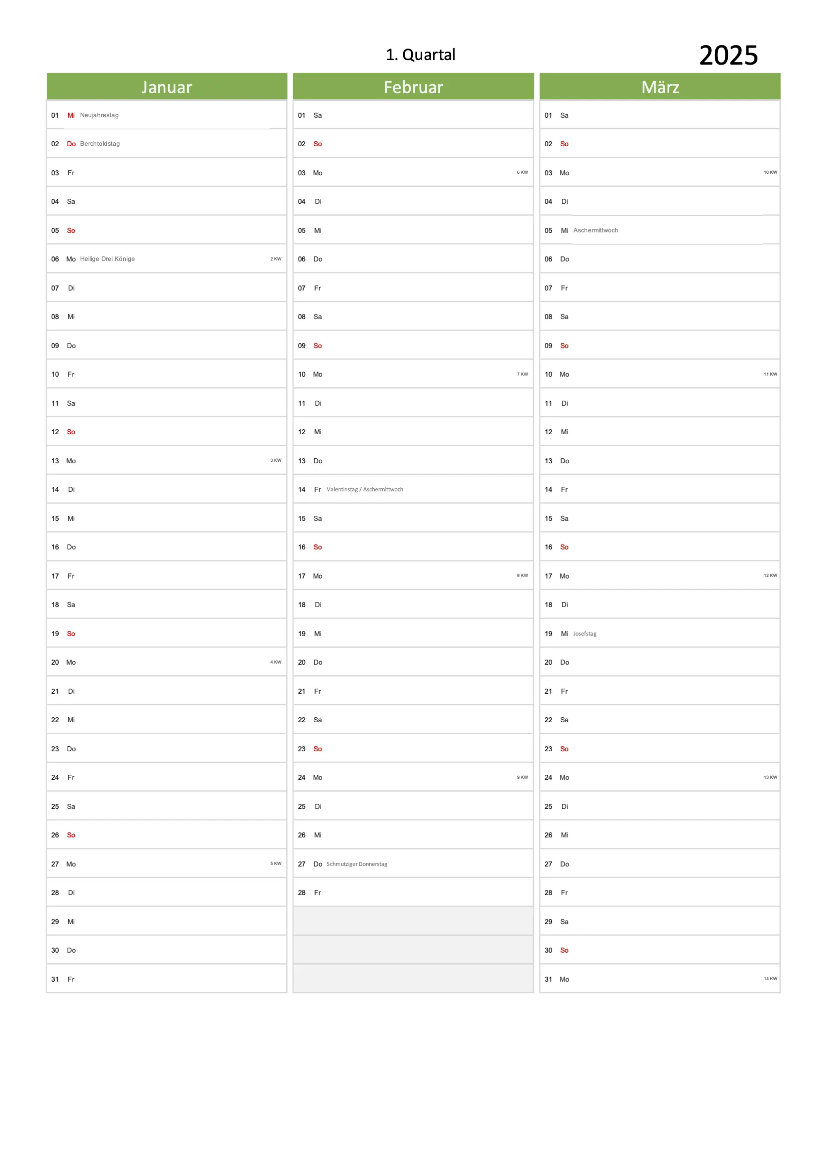 Quartal Kalender 2025 Excel PDF grün Hochformat