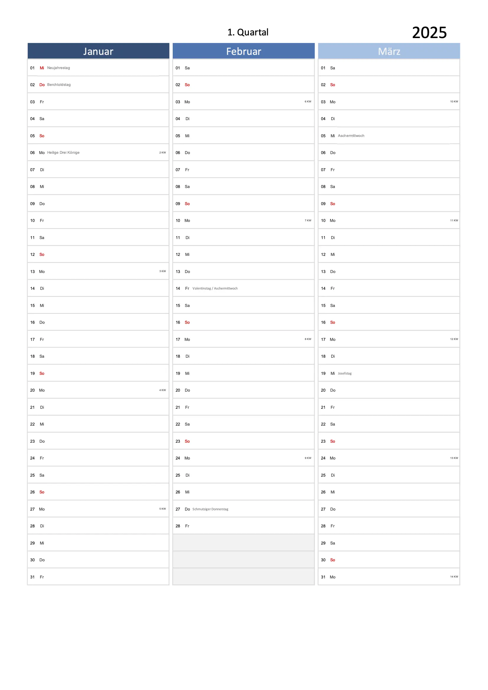 Quartal Kalender 2025 Excel PDF Multicolor Hochformat