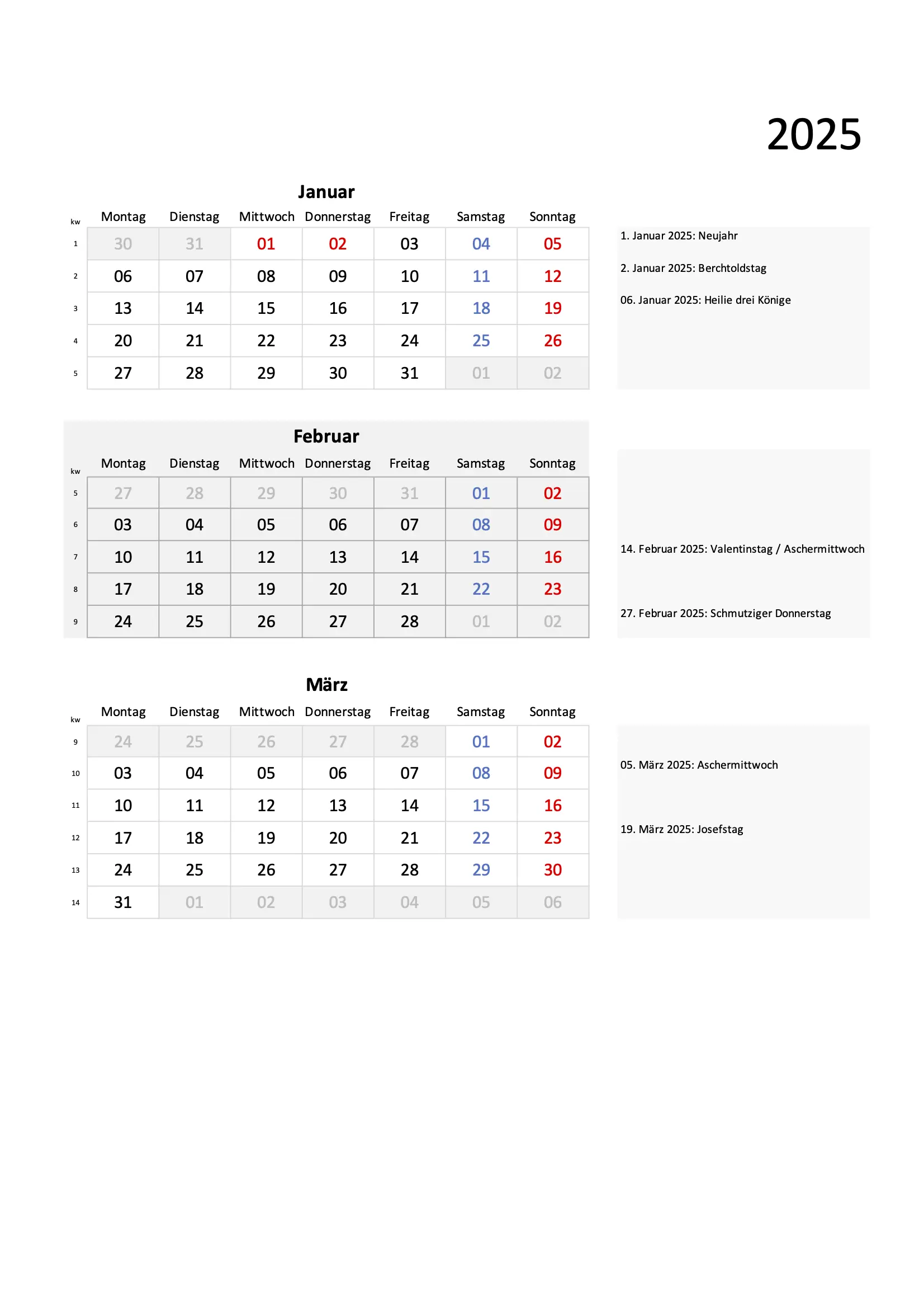 Quartal Kalender 2025 Excel PDF Blockdesign Hochformat