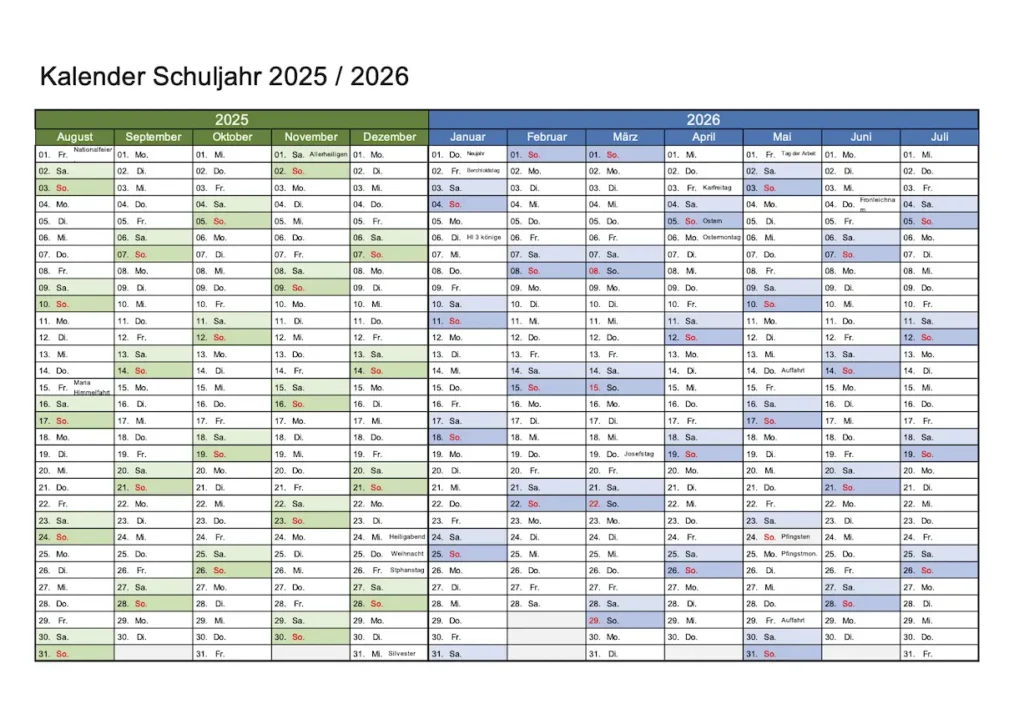 Schweizer Schulkalender 2025 / 2026 Querformat Excel & PDF