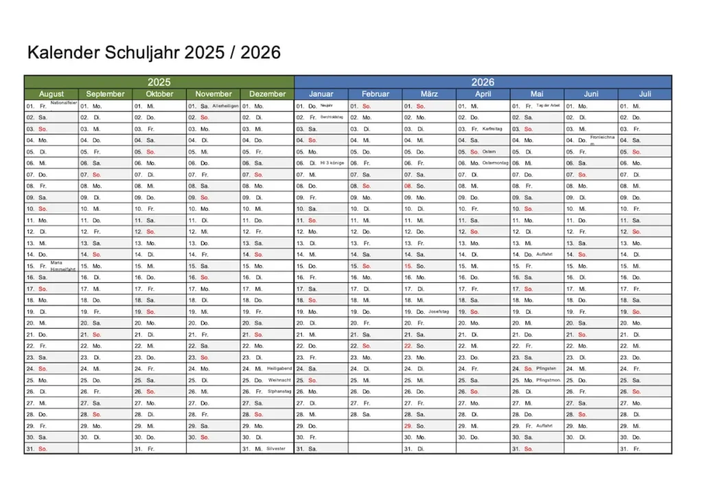 Schulkalender Schweiz 25/26 Excel & PDF