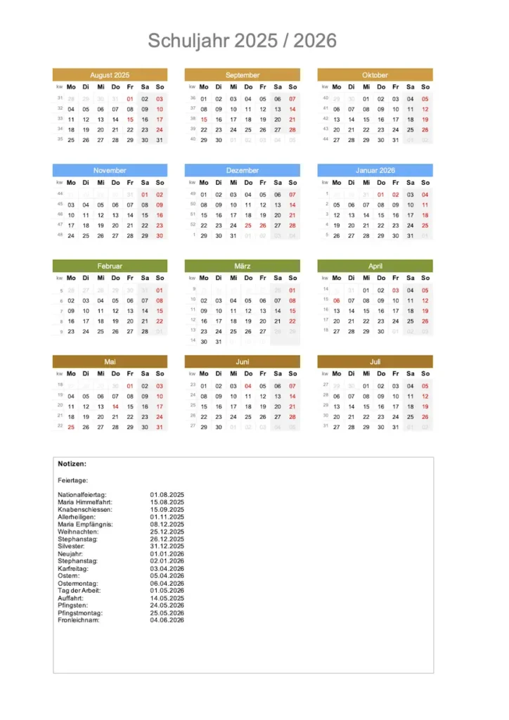 Schulkalender 2025 - 2026 August – Juli Multicolor Schweiz