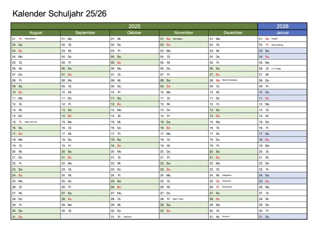 Schweizer Semesterkalender 2025-2026 Excel und PDF