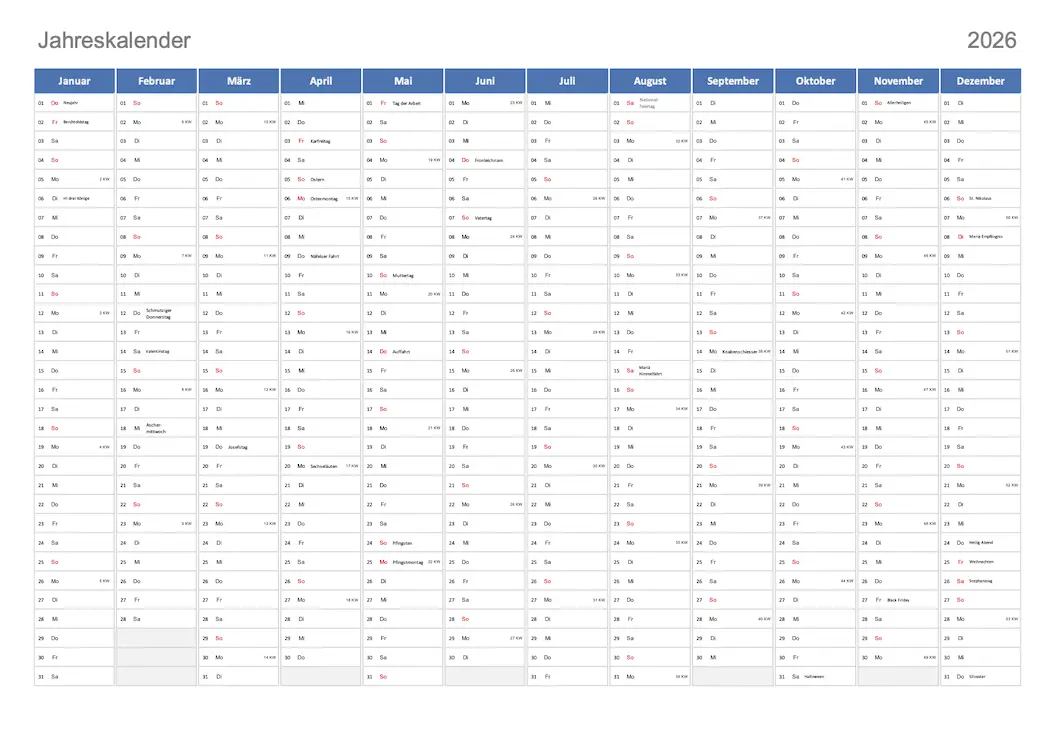 Jahreskalender 2026 Schweiz zum Ausdrucken (Excel & PDF)