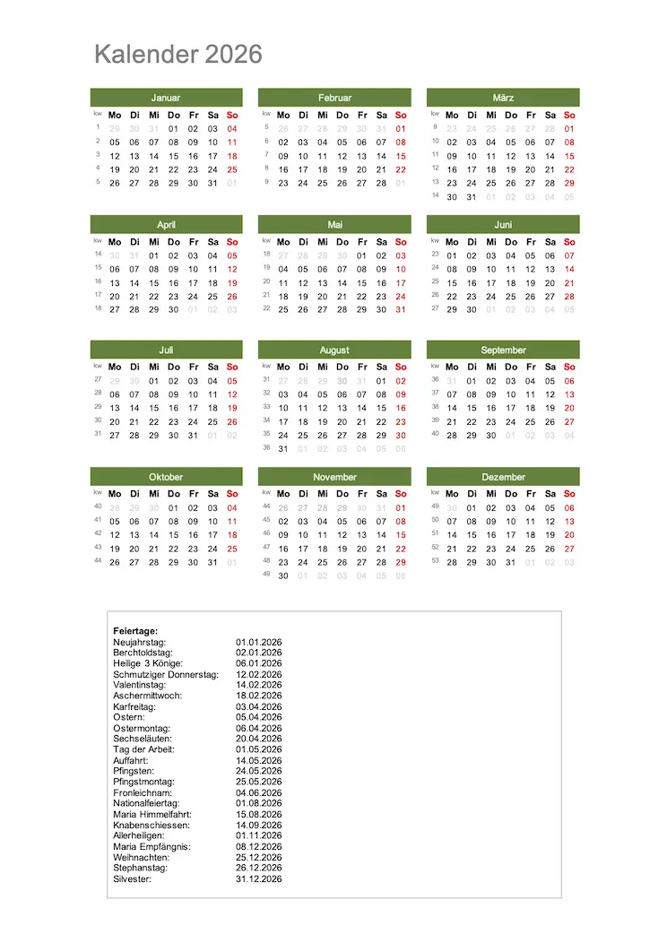 Jahreskalender Schweiz 2026 Hochformat