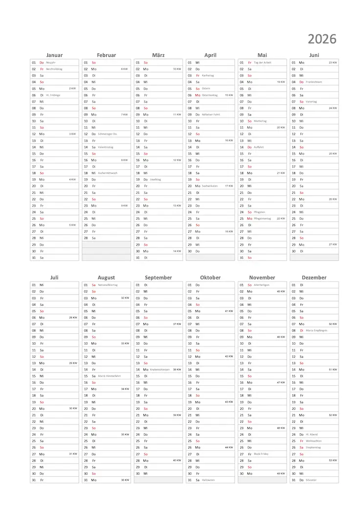 Kalender 2026 Schweiz Hochformat