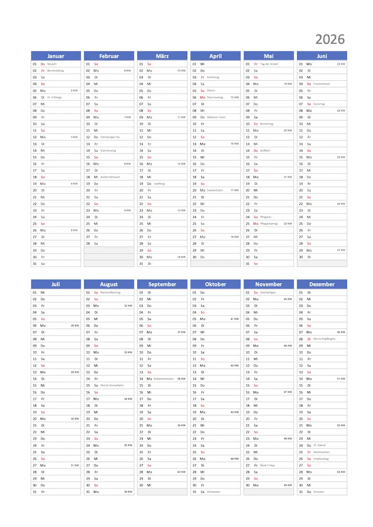 Kalender 2026 Schweiz Excel und PDF