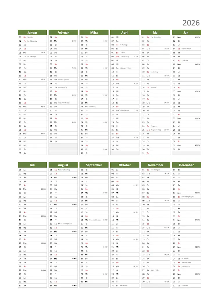 Schweizer Kalender 2026 PDF und Excel