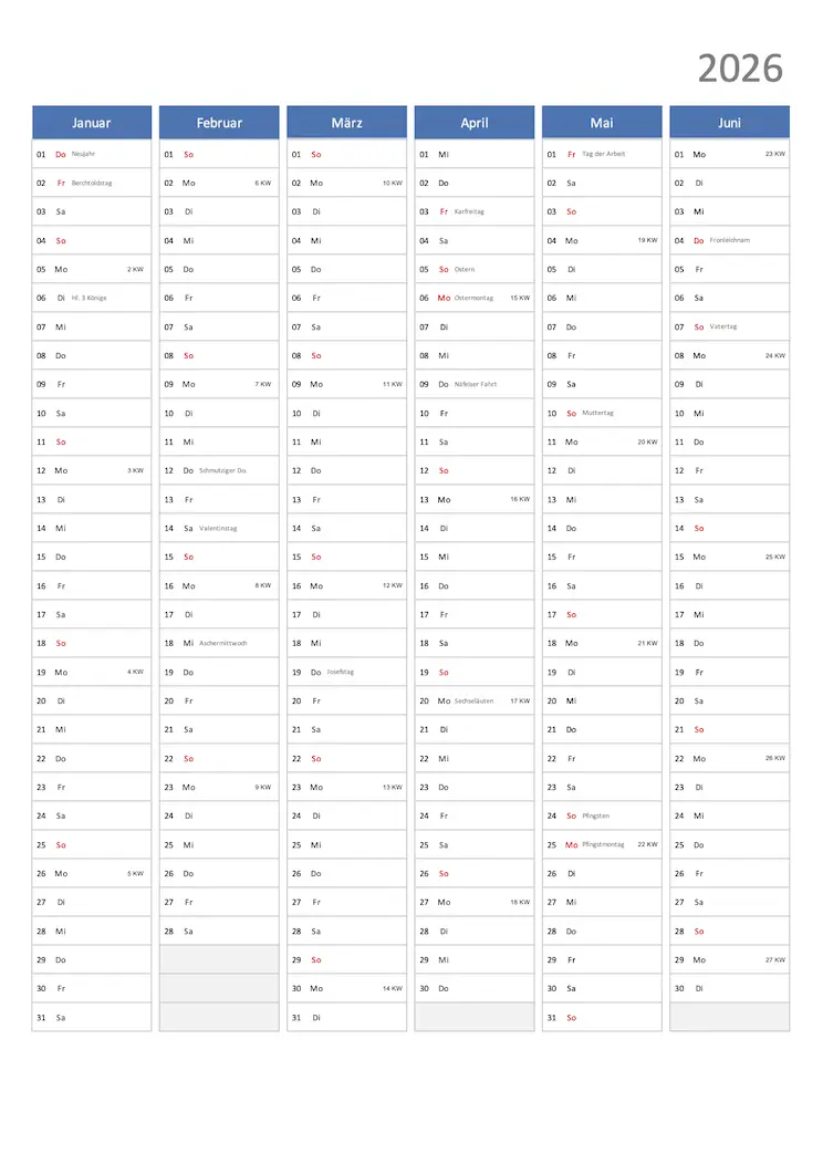 Halbjahrskalender 2026 Schweiz