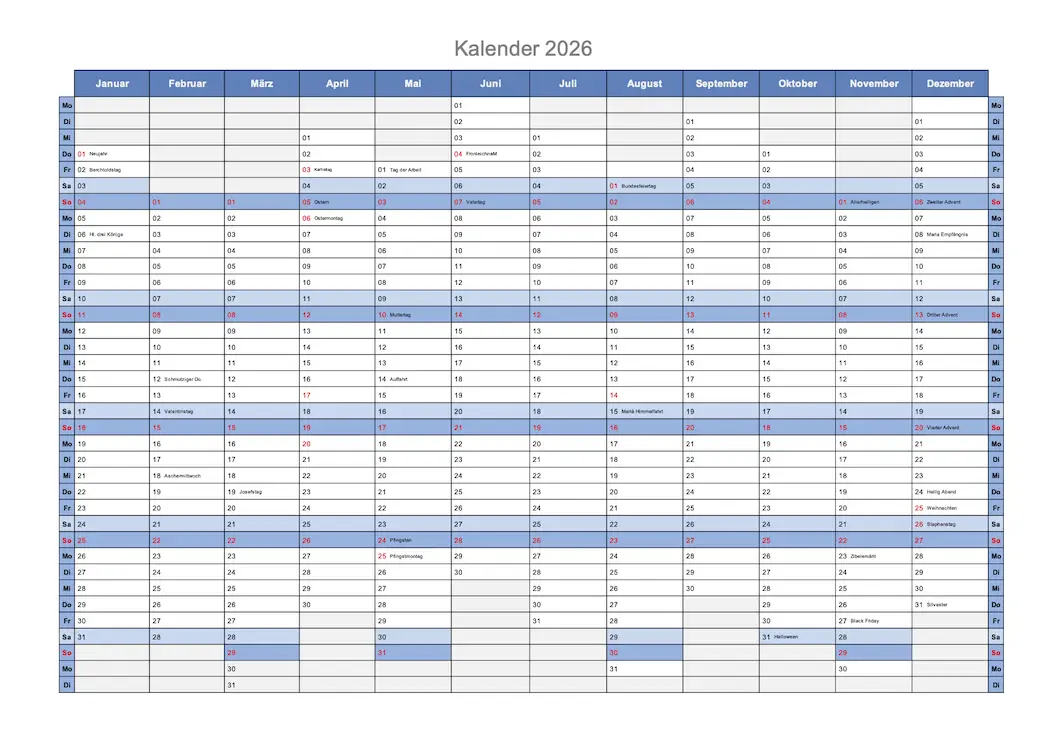 Kalender 2026 Schweiz