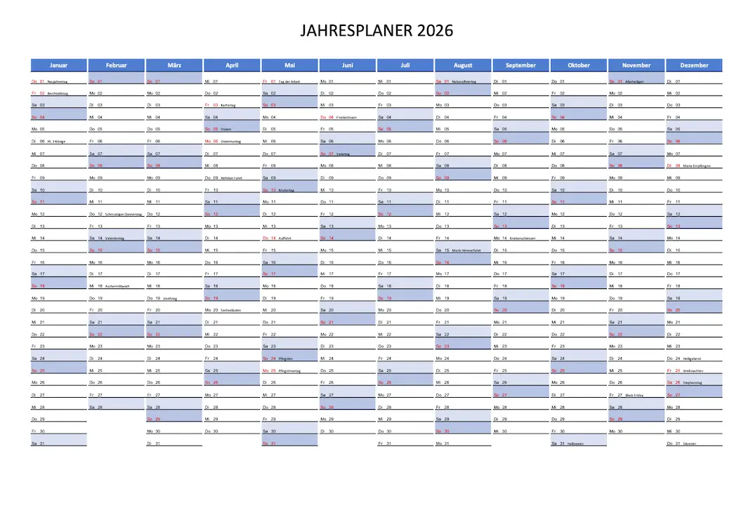 Kalender 2026 Schweiz zum Ausdrucken