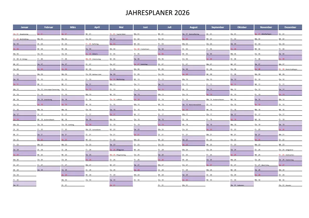 Jahresplaner 2026 Schweiz