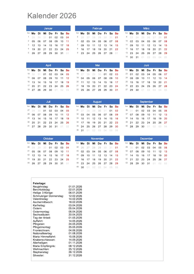 Schweiz Jahreskalender 2026 Blockformat