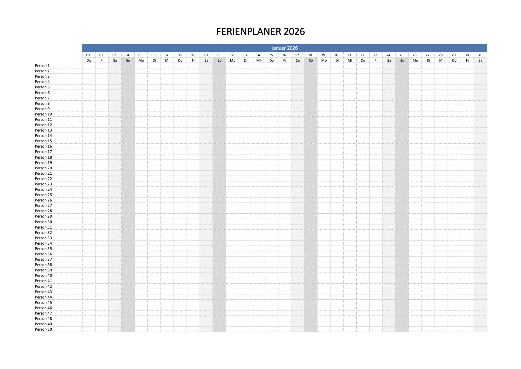 Ferienplaner / Teamplaner 2026 Excel