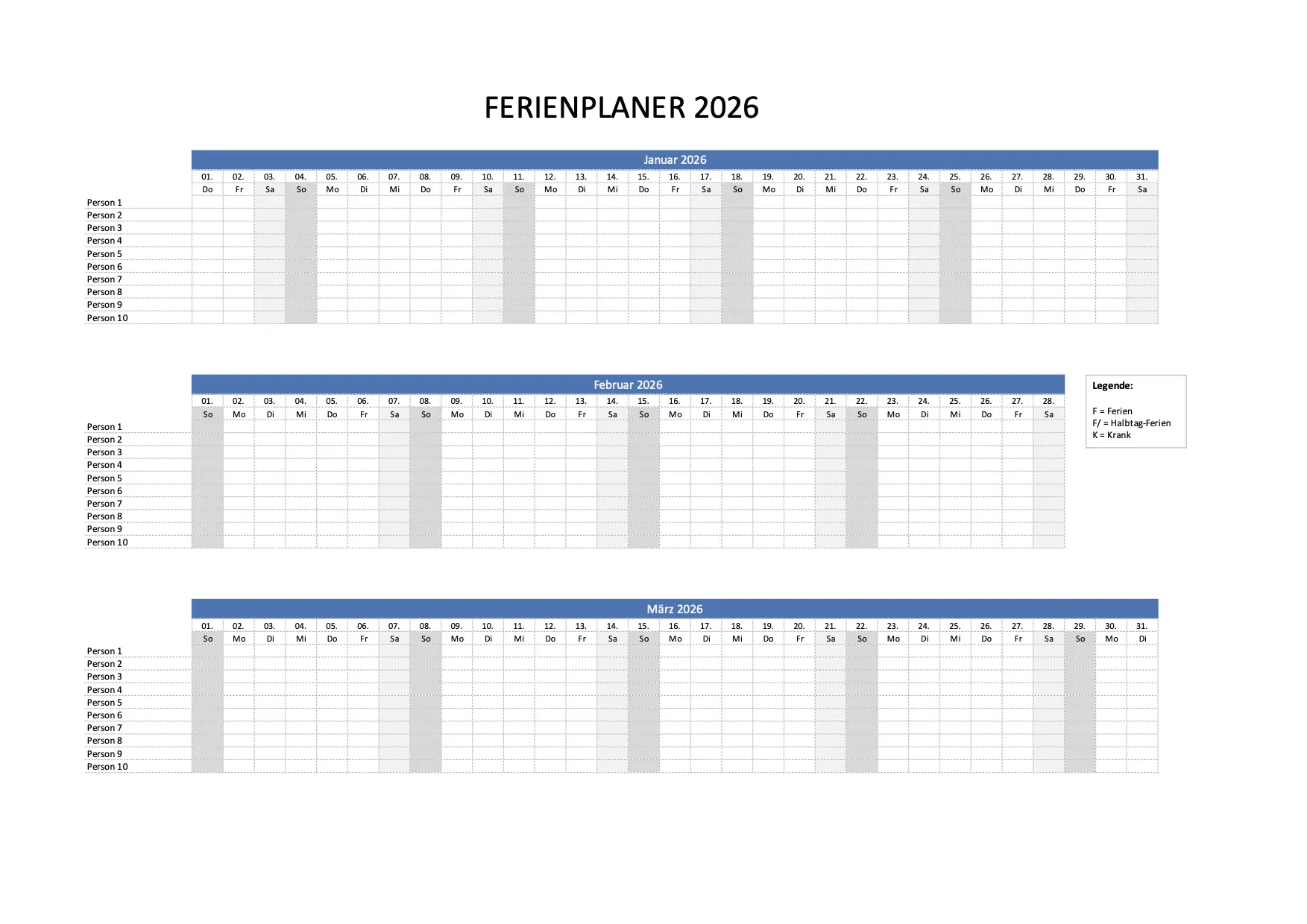 Ferienplaner 2026 Excel