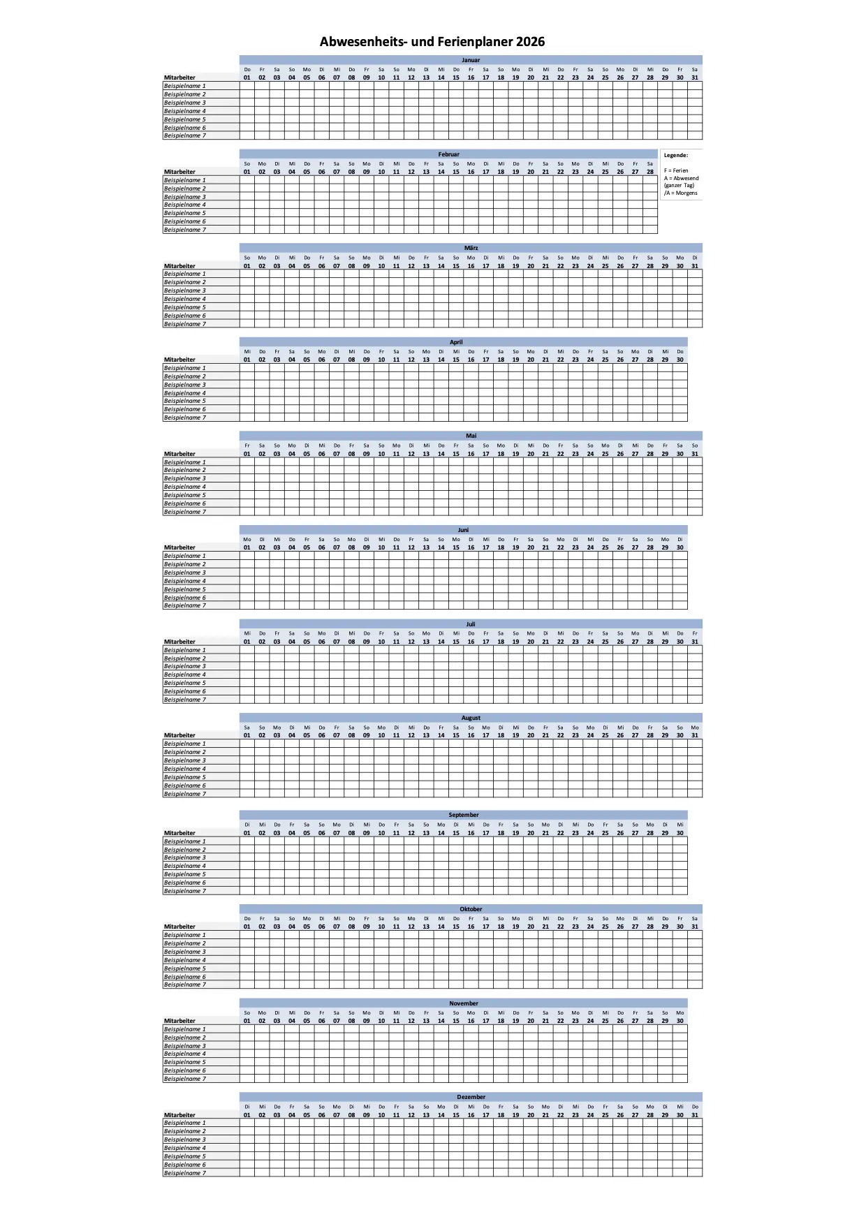 Excel Ferienplaner 2026 Hochformat