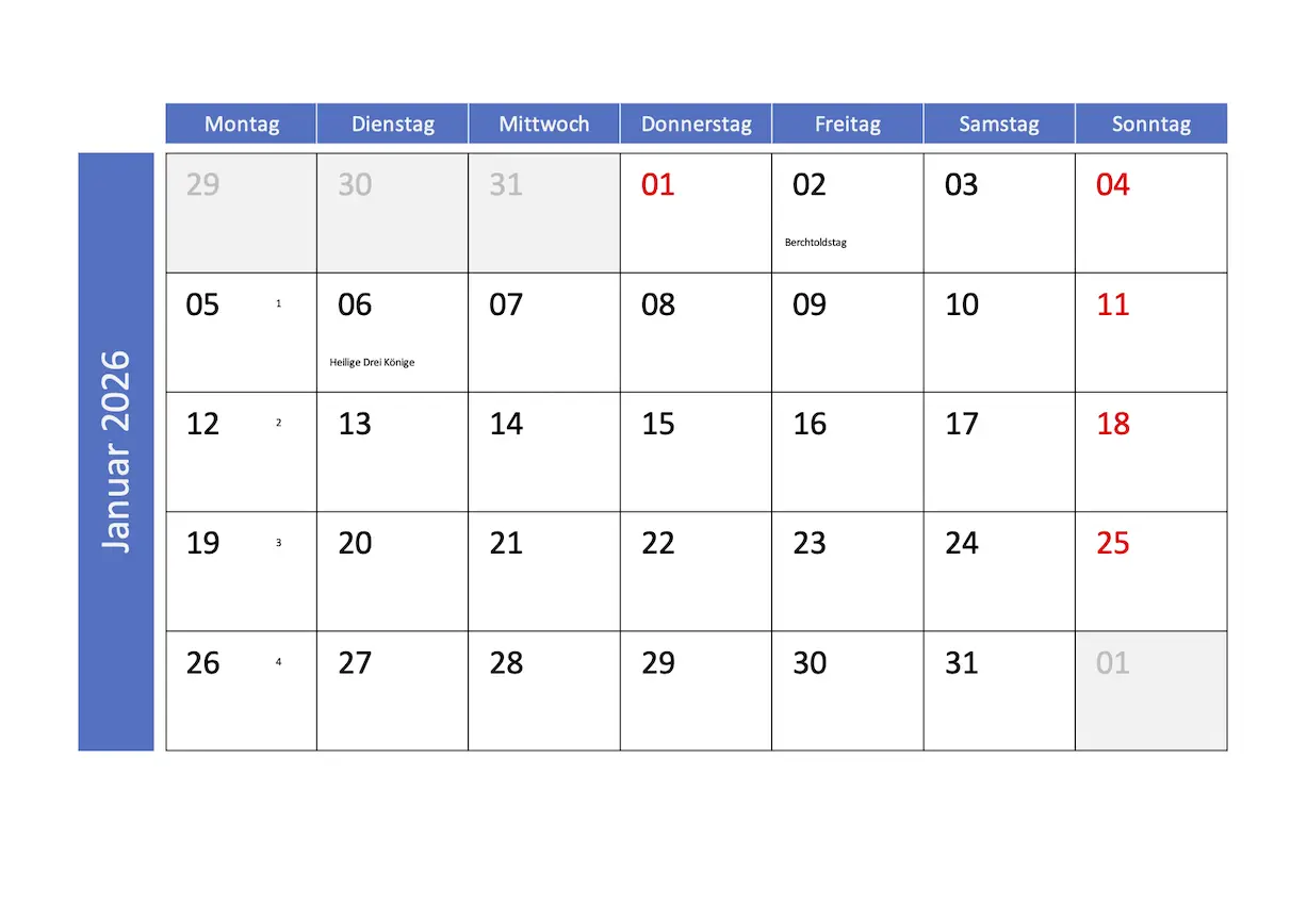 Monatskalender 2026 mit Feiertagen Schweiz