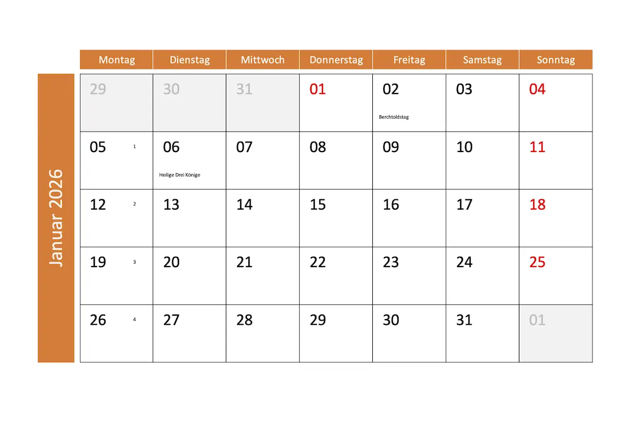 Monatskalender Schweiz 2026