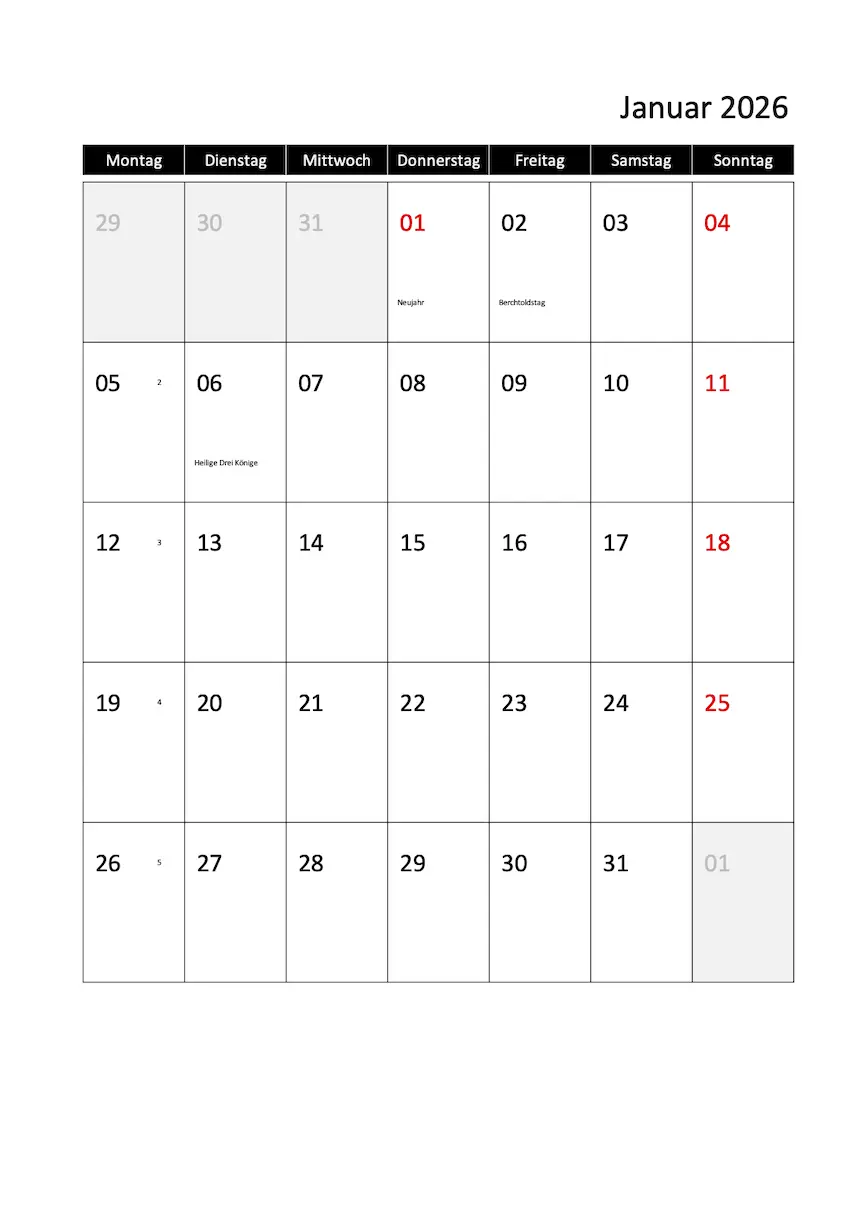 Monatskalender 2026 Hochformat mit Kalenderwochen