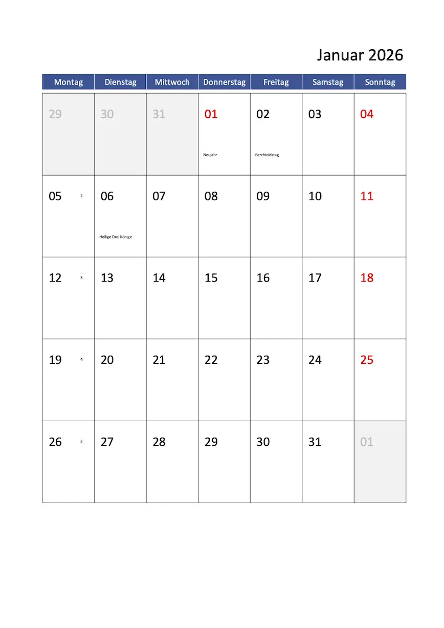 Monatskalender 2026 Hochformat mit Kalenderwochen