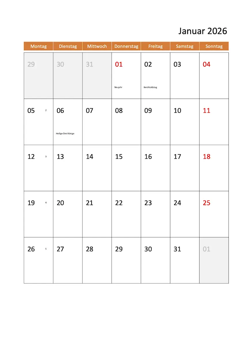 Monat Kalender 2026 Schweiz