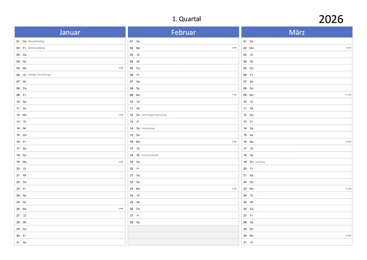 Quartalskalender 2026 Excel PDF blau