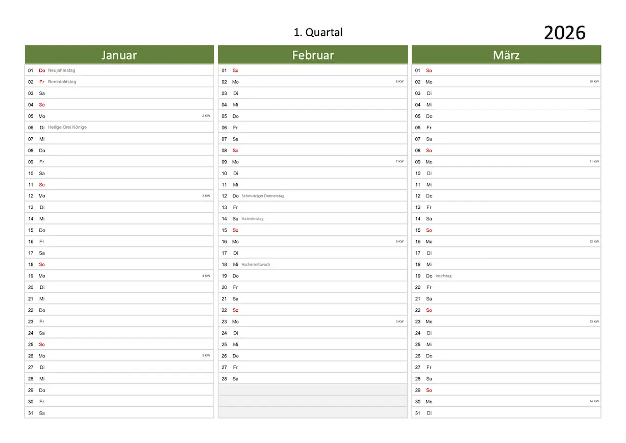 Quartalskalender 2026 Excel PDF grün