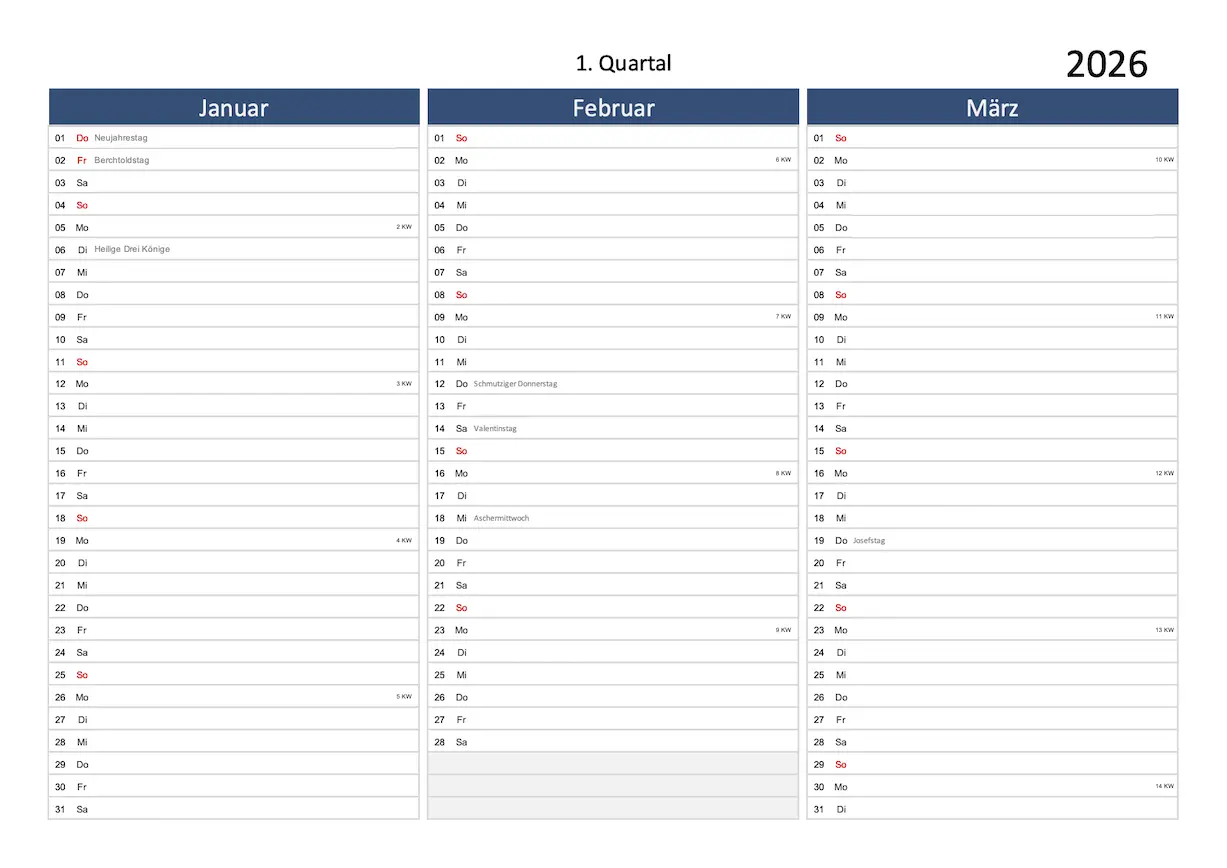 Quartalskalender 2026 Excel PDF Multicolor