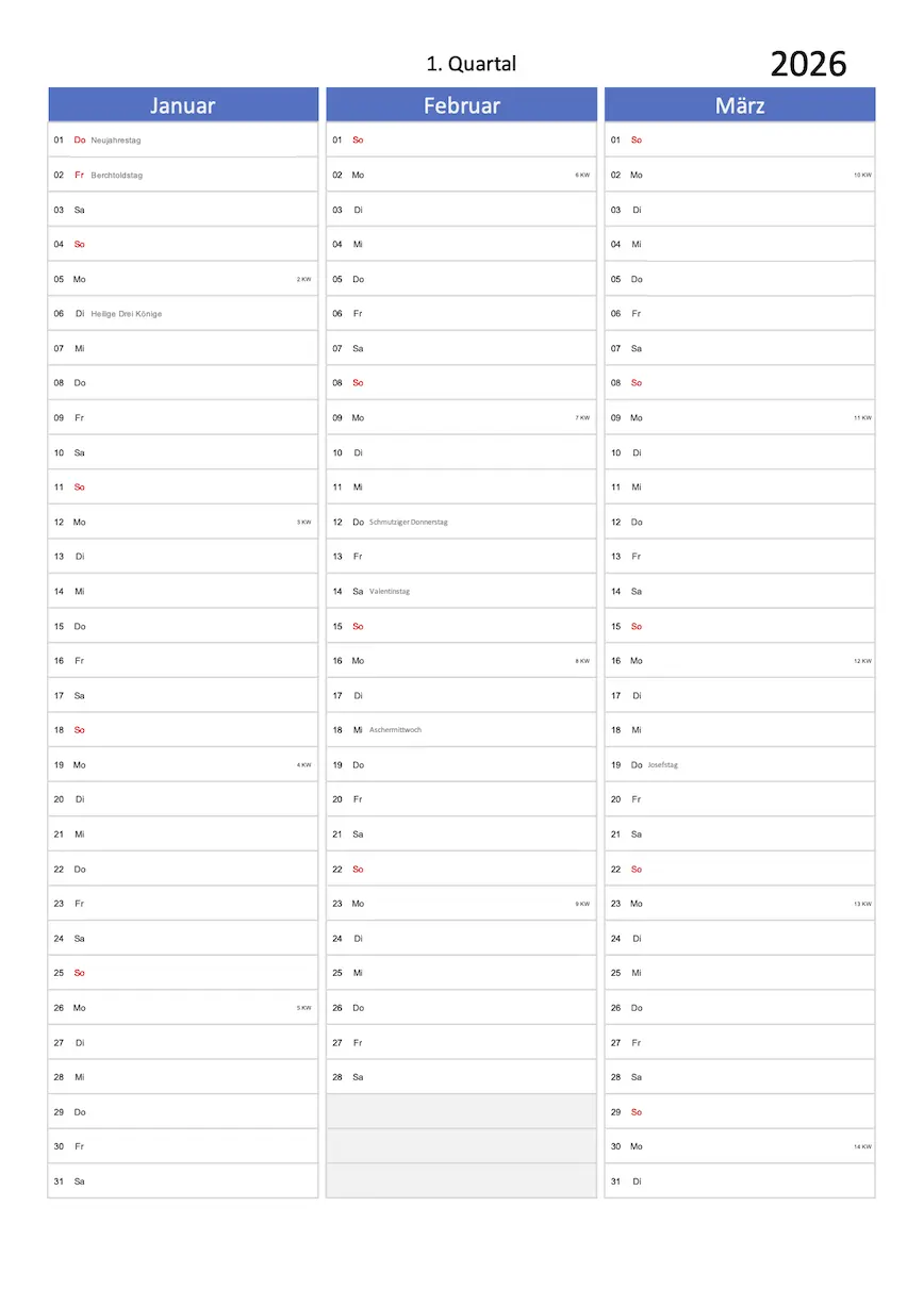 Kalender 2026 Excel PDF blau