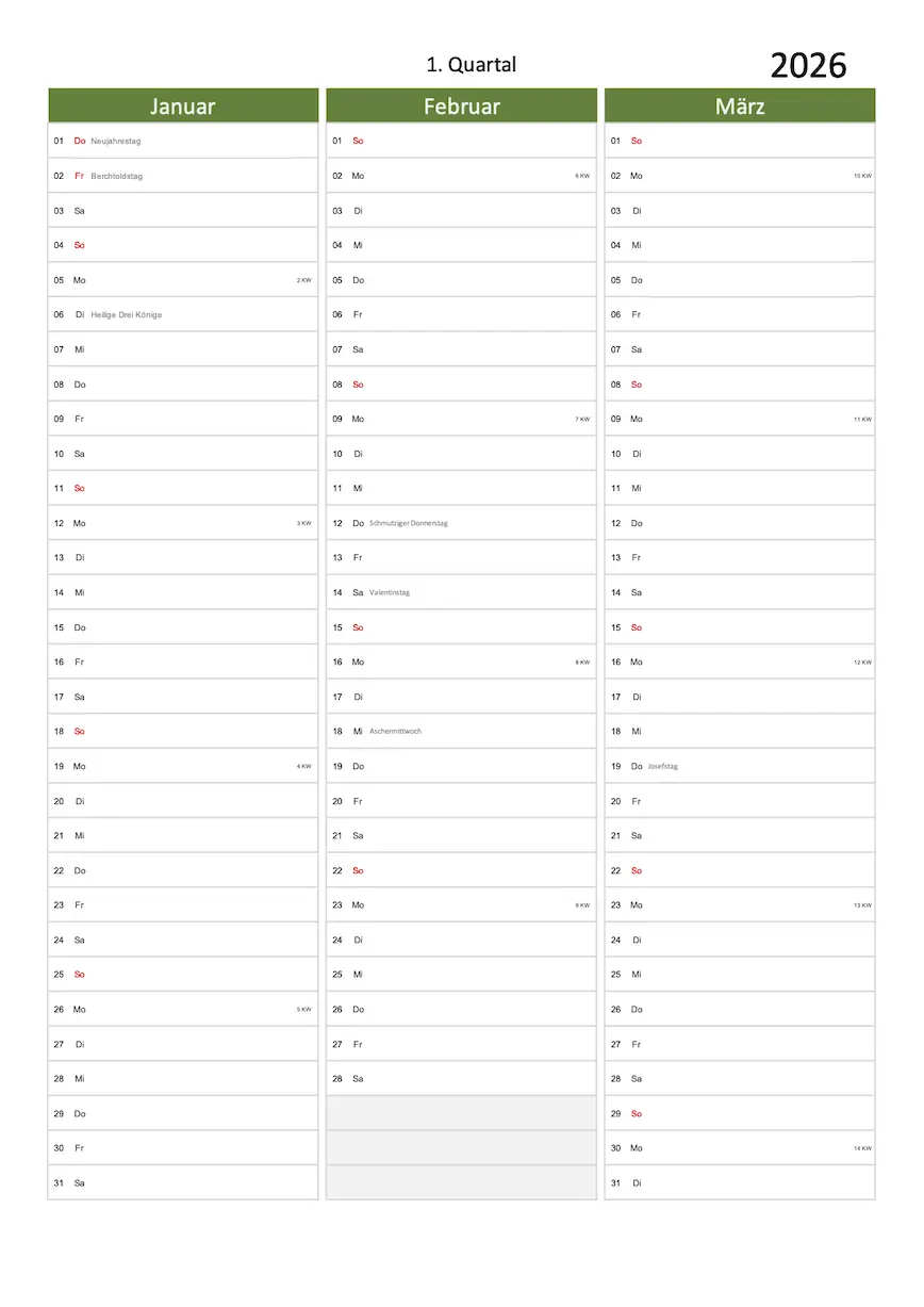 Quartal Kalender 2026 Excel PDF grün Hochformat