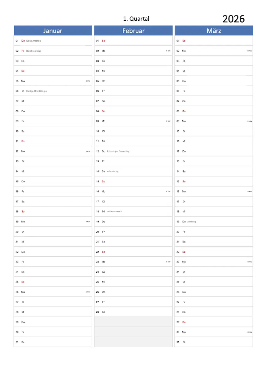 Quartal Kalender 2026 Excel PDF Multicolor Hochformat