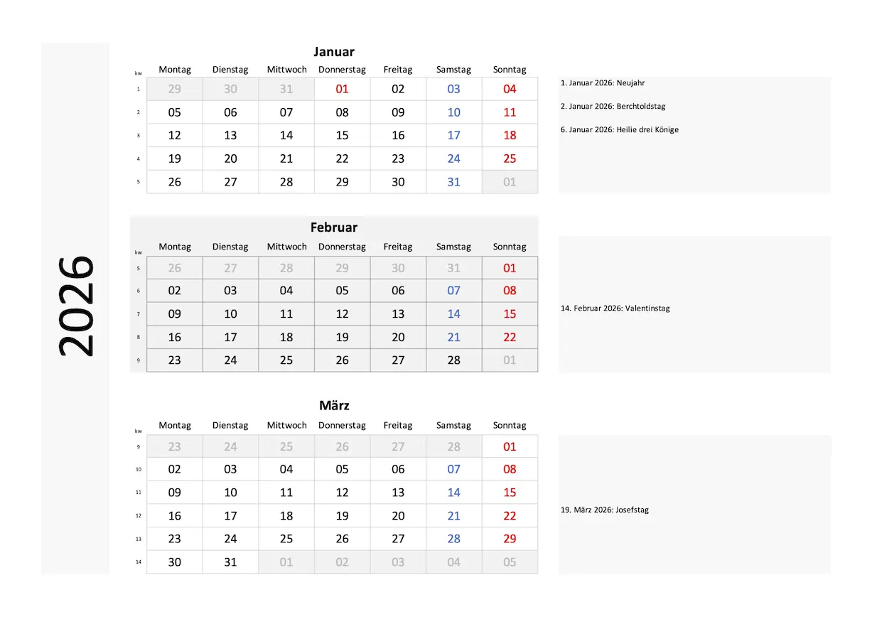 Quartalskalender 2026 Excel PDF Blockdesign