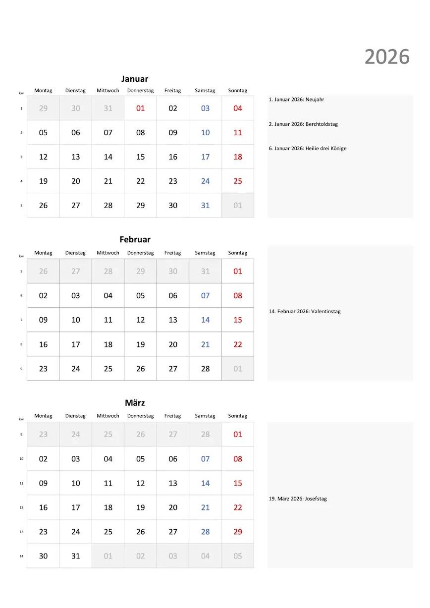 Quartal Kalender 2026 Excel PDF Blockdesign Hochformat