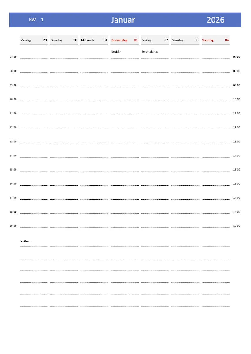 Wochenkalender 2026 Schweiz mit KW und Feiertagen (Excel & PDF)