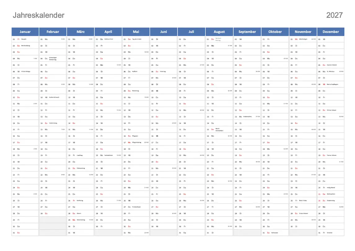 Jahreskalender 2027 Schweiz Excel und PDF mit Feiertagen Schweiz