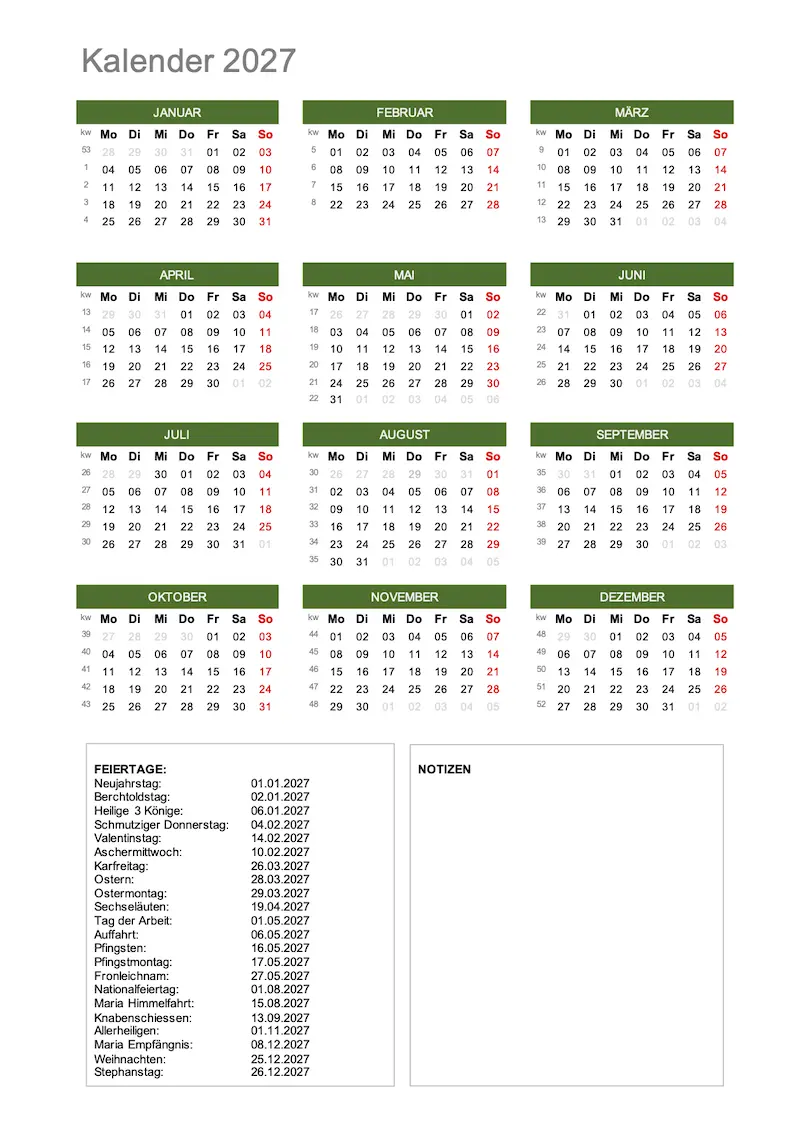 Jahreskalender 2027 Schweiz Excel und PDF zum Ausdrucken