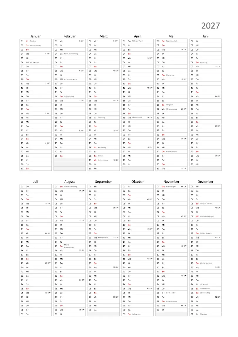 Minimalistischer Jahreskalender 2027 Schweiz zum Ausdrucken Excel und PDF