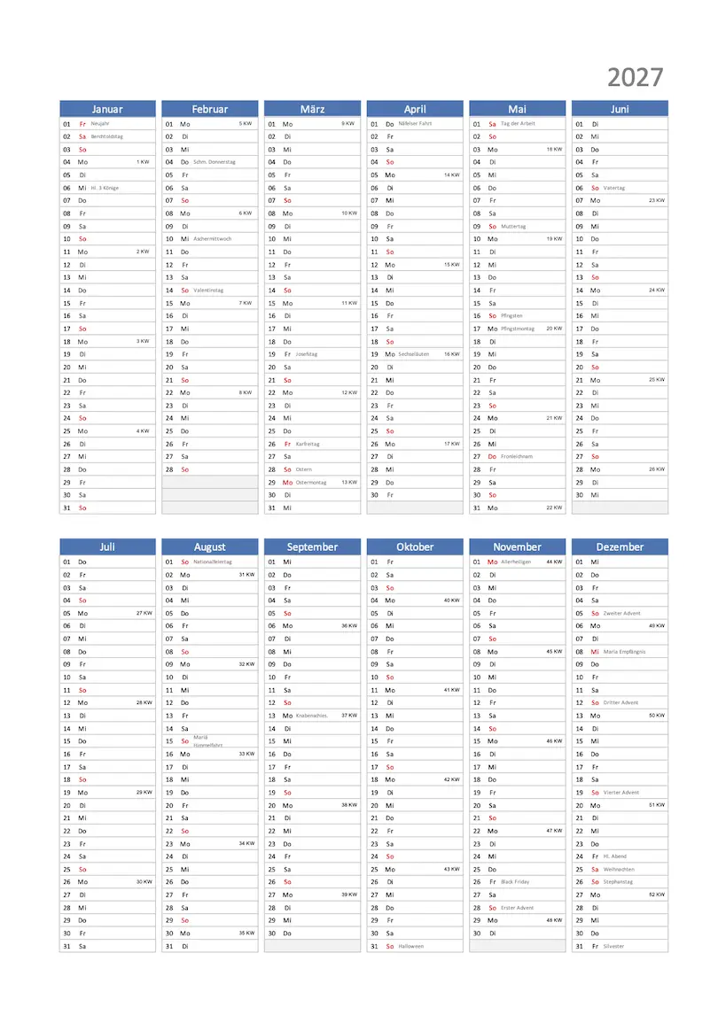 Excel und PDF Kalender 2027 Schweiz