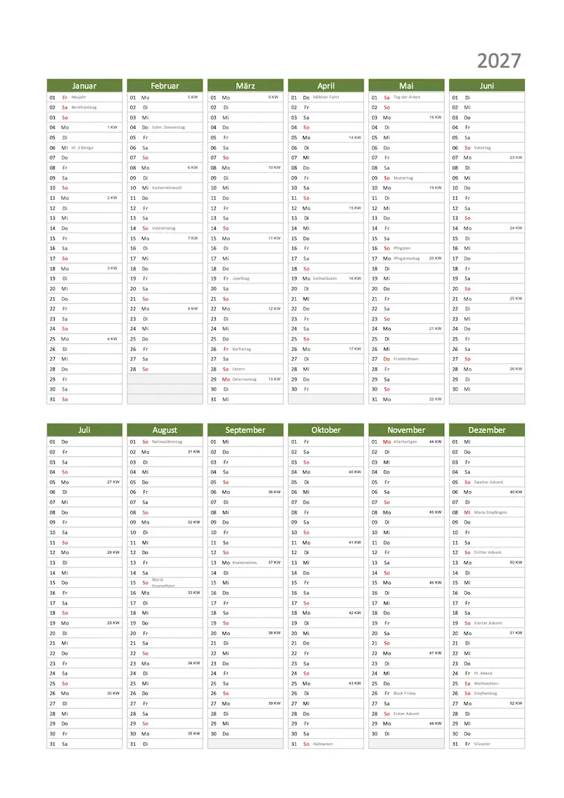 Excel und PDF Kalender 2027 Schweiz